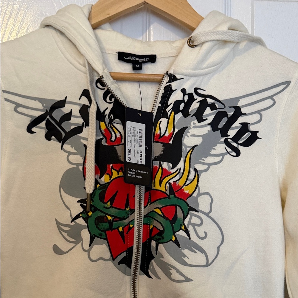 Ed Hardy Cream Hoodie with Graphic Design
